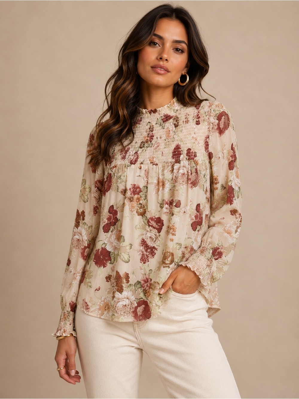 Love X Design Floral Peasant Blouse L Boho Romantic Semi Sheer Long Sleeve Top